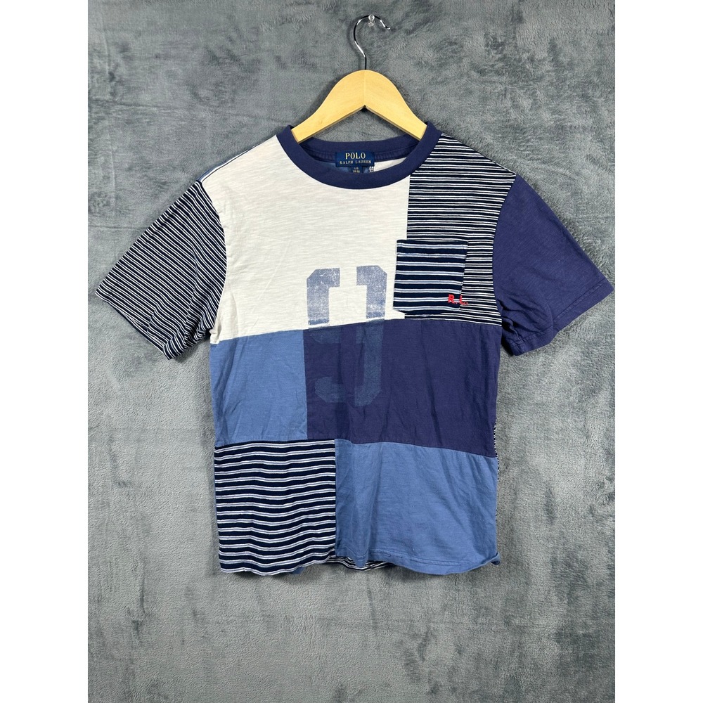 Polo Ralph Lauren Boys Blue Patchwork Striped Pocket T-Shirt Size L 14-16